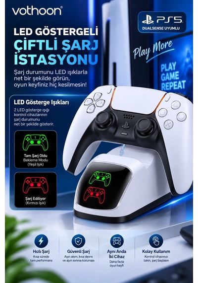 Ps5 Dualsense Uyumlu Çiftli Şarj İstasyonu Hızlı Şarj Standı Led Şarj Göstergeli 1 Adet