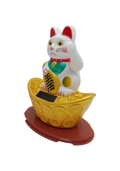 Maneki Neko El Sallayan Şans Kedisi Beyaz Solar Güneş Enerjili 14x12cm No3byz