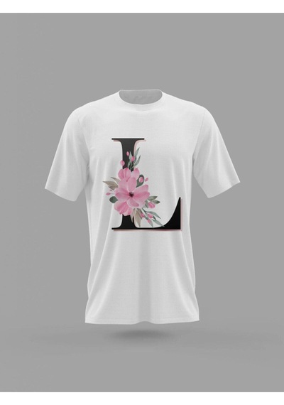 Noıssey Mavi L Harfi Baş Harf Pembe Çiçekli Baskılı T-shirt Pnrmtshrt4475 Beyaz