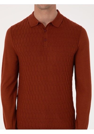 Cacharel Karamel Slim Fit Yün Karışımlı Polo Yaka Triko Kazak Kahverengi