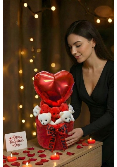 Sevgililer Günü Ne Özel: Büyük Kalp Balonlu Deluxe Peluş Ayıcık Buketi Özel Kutulu, Sevgililer Gününe Özel Tasarım