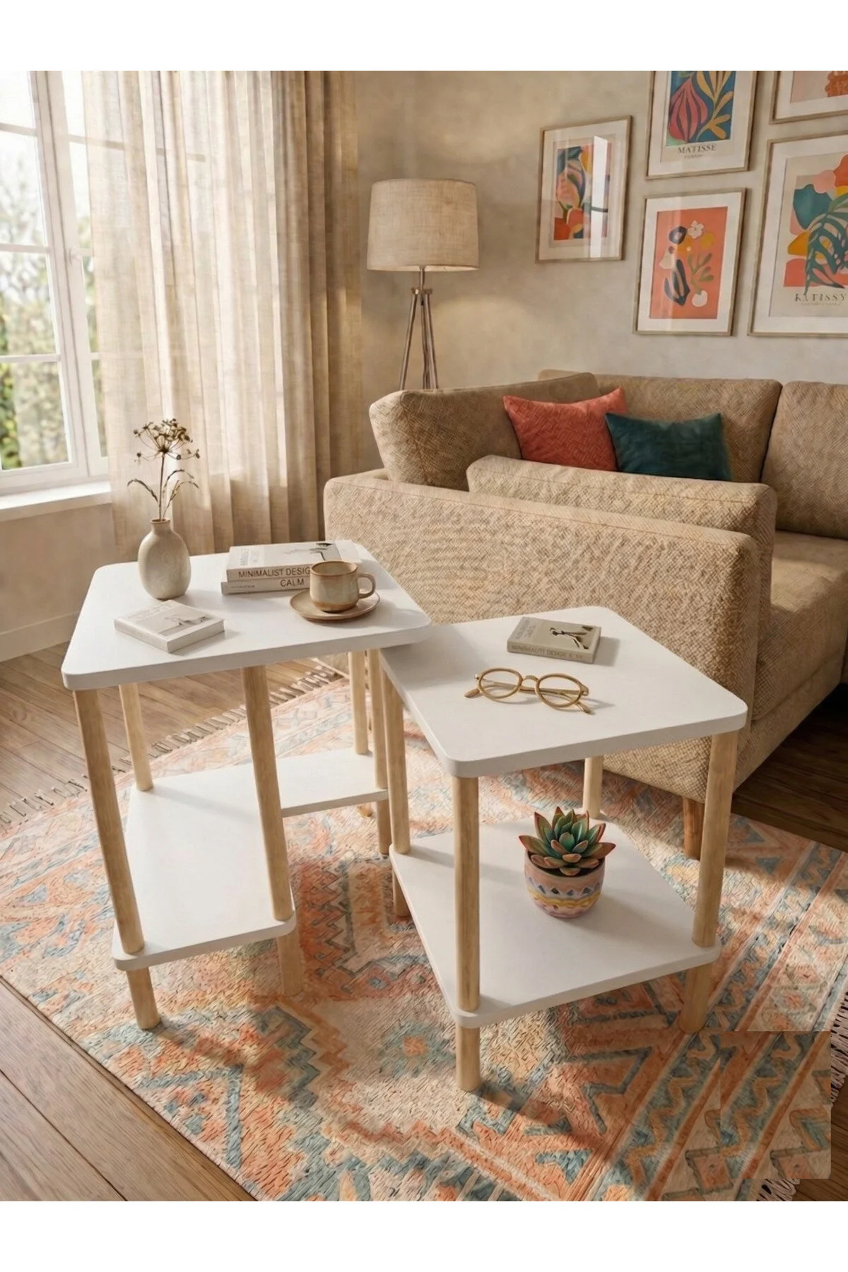 Modern Minimal Tasarım Yan Sehpa Dekoratif Ahşap Zigon Sehpa 2li Set 40 50cm Beyaz