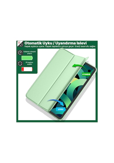 İpad 11. Nesil A16 Ve 10. Nesil 10.9" Uyumlu Kılıf A3355 A2696 Ultra İnce Standlı Kapak Açık Yeşil Kapaklı Kılıf
