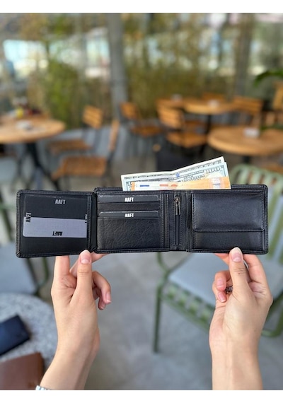 Mft Leather Hakiki Deri Erkek Cüzdan Fermuarlı, Bozuk Paralı, İsim Yazılı Tokyo 2404 - Napa Siyah Napa Siyah