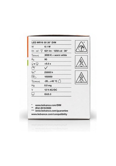 1 Adet Ledvance 12v Ac/dc 6.1w 50w 3000k Sarı Işık Dim Edilebilir Gu5.3 Duylu Led Çanak Ampul