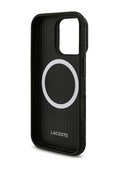 Apple Uyumlu iPhone 16 Pro Max Kılıf Lacoste Lisanslı M-safeli Standlı Pu Karışık Monogram Desenli Kapak Siyah Siyah