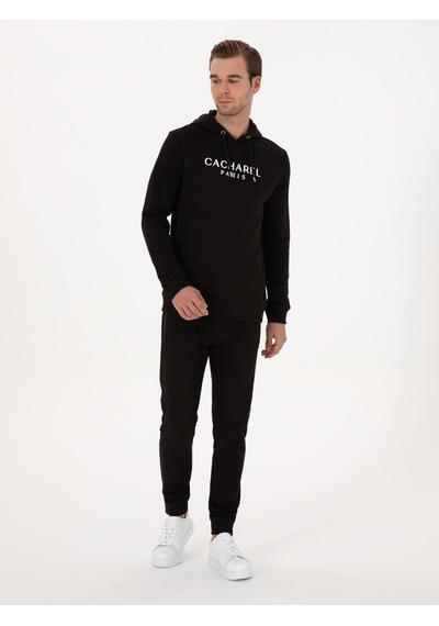 Siyah Regular Fit %100 Pamuk Kapüşonlu Sweatshirt