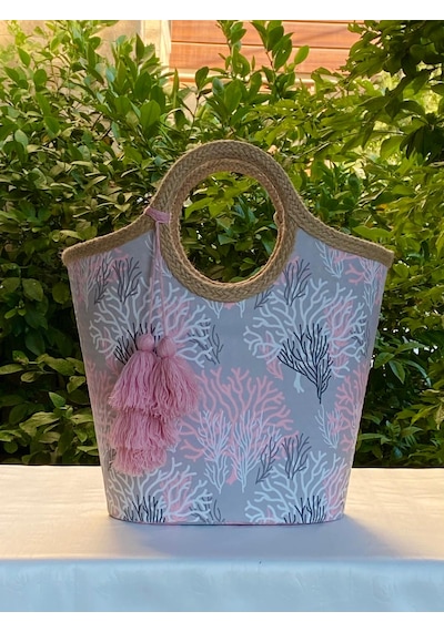 Jüt Hasır Pembe Mercan Plaj Çantası Pembe