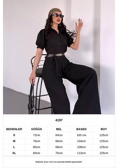 Neşeli Butik Kadın Gömlek Yaka Kemerli Geniş Paça Tulum Nbk4197 Siyah