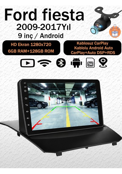 Ford Fiesta 2009-2017 9 İnç Android Multimedya Ekran 6gb Ram 128gb Hafıza Kablosuz Carplay Android Auto + Geri Görüş Kamerası Hediyeli 9"
