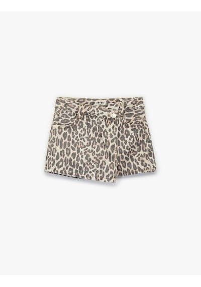 Koton Leopar Desenli Pamuklu Kruvaze Denim Şort Etek Bej Desenli 6wkg40071ad Ekru Desenli
