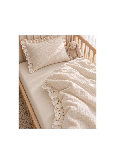 H&c Bebek Müslin Nevresim Takımı 4 Parça Brode Dantel Detaylı Krem 100x150 CM