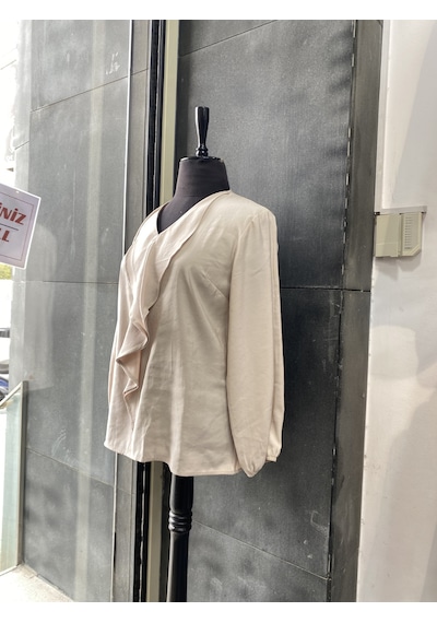 Pera Moda Büyük Beden Önü Fırfırlı Modal Bluz Gömlek Taş