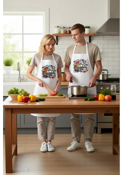 Unisex Mutfak Aşçı Önlüğü Donut Baskılı Grafik Desen Rahat Kesim Beyaz