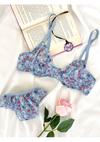 Arinda Butterfly Mavi Tül Çiçek Desenli Balenli Kapsız Fırfırlı Bralette Sütyen Tanga İç Çamaşırı Takımı Alt Üst 2 Parça