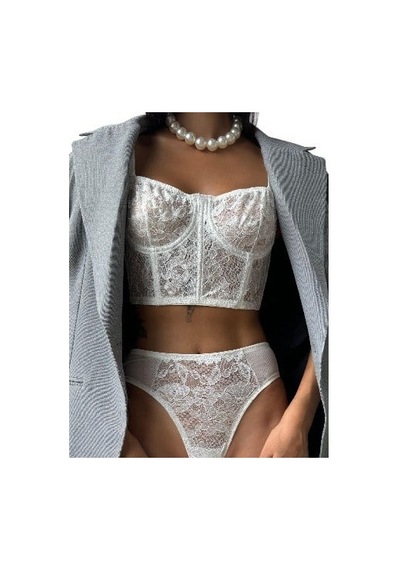 Onsekiz18shop İçi Boş Gümüş Simli Çiçekli Tül Beyaz Büstiyer Takım
