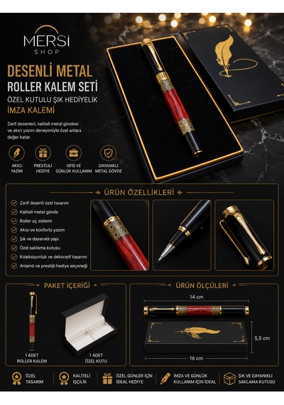 Desenli Metal Roller Kalem Seti Özel Kutulu Şık Hediyelik İmza Kalemi Altın - Siyah