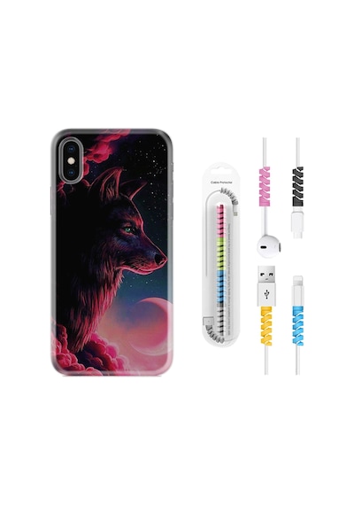 Apple Uyumlu iPhone XS Max Kılıf Kablo Koruyuculu Wolf And Moon 1380