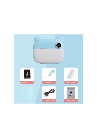Anlık Termal Yazıcılı Dijital Çocuk Kamerası Kulaklı 2.4 İnç Hd Photo Printer Camera Mavi