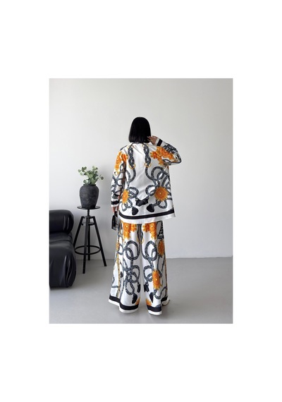 Wellway İthal Chokellaa Kumaş Çiçekli Tunik Gömlek & Pantolon 2li Takım-sarı -26116 Sarı