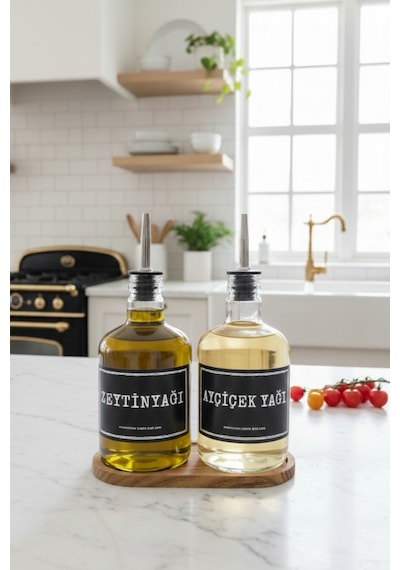 Ava Ahşap Stantlı 2'li Cam Yağdanlık Seti Ayçiçek Yağı Ve Zeytin Yağı Şişesi 500 Ml Şeffaf
