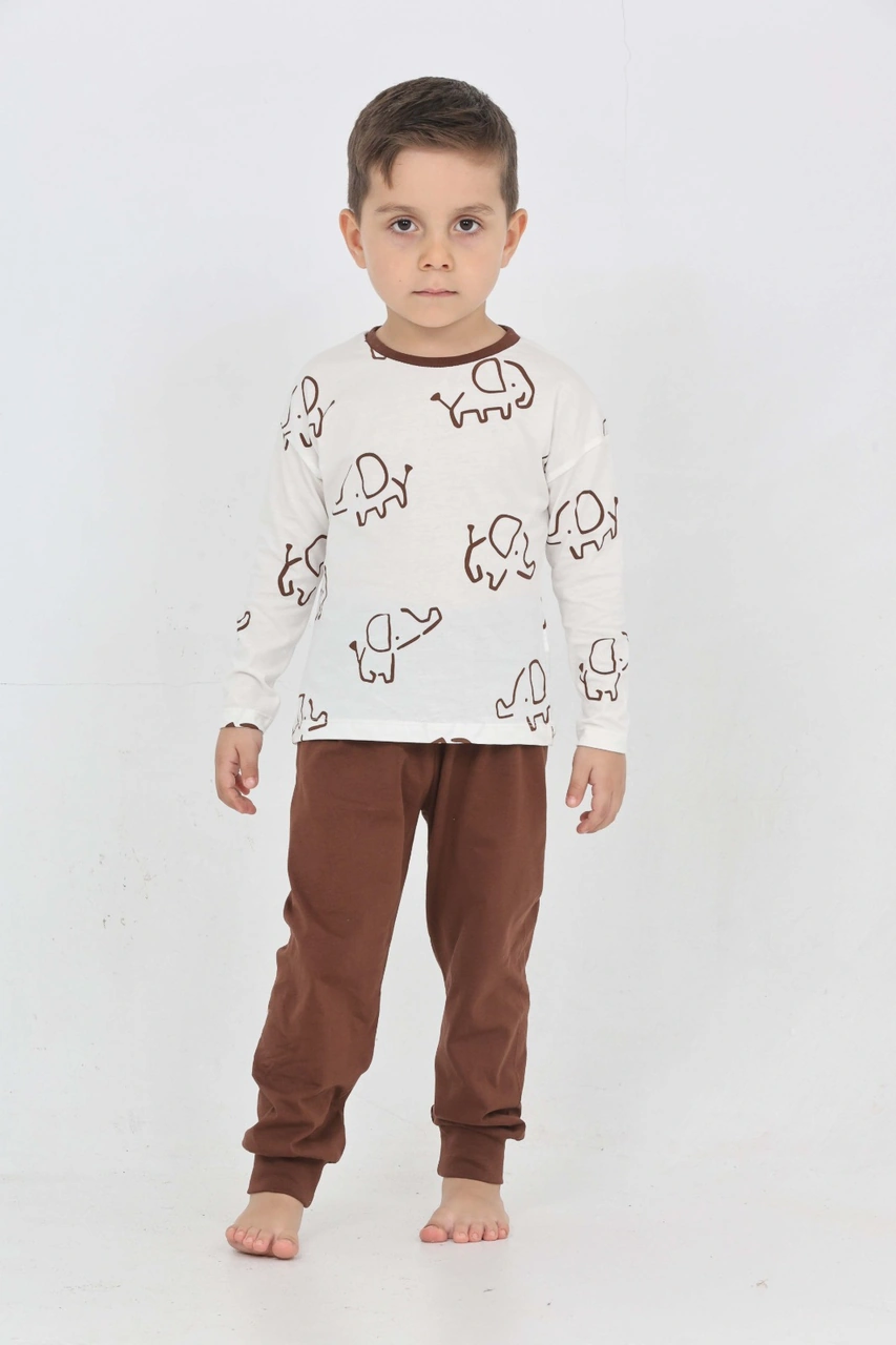 Toontoy Kids Toontoy Erkek Çocuk Fil Pano Baskılı Pijama Takım Kahve