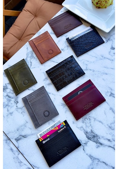 Unisex Mia Croco Siyah Gerçek Hakiki Deri Ultra Ince Dokulu Kartlık Croco Siyah
