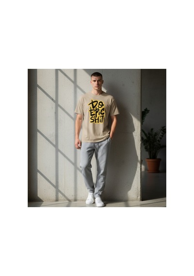 Urbantrendstore Unisex Dont Panic Panik Yapma Baskılı Oversize Fit Rahat Geniş Salaş T-shirt Günlük Tişört Bej