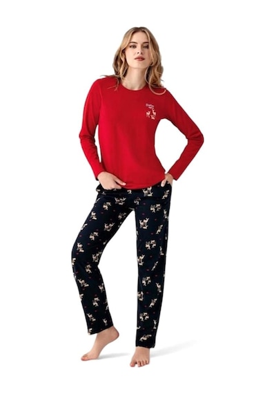 Arnetta %100 Pamuk Geyik Desen Bayan Pijama Takım Kırmızı