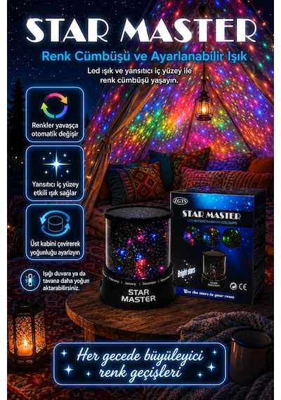 Dekoratif Led Yıldız Gece Lambası Renkli Işık Efektli Oda Atmosfer Projektörü Çok Renkli