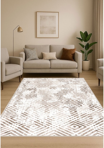 STY Home Krem Dijital Baskı Salon Halısı Kaymaz Tabanlı Yıkanabilir Halı Yolluk 523 Krem