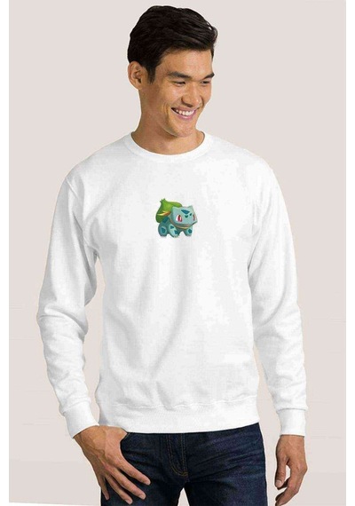 Pokemon Balbasaur Baskılı Beyaz Erkek Örme Sweatshirt
