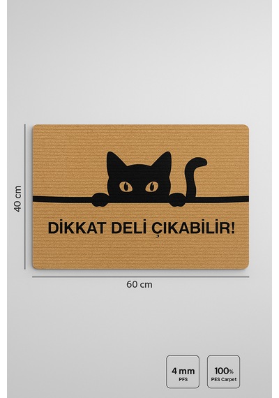 Kedili Paspas Kapı Önü Paspası Kitty Kapı Önü Kaymaz Paspas Dikkat Deli Çıkabilir Paspas Açıkkahverengi - Bej