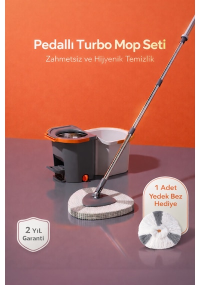 Pedallı Otomatik Mop Temizlik Seti 360 Döner Başlıklı 2 Adet Mikrofiber Bez