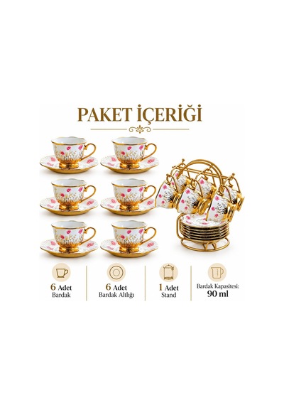 Valkyrie 6 Kişilik 13 Parça Standlı Kahve Fincanı Seti 90 Ml Çiçek Desenli Altın Detaylı K655 Pembe