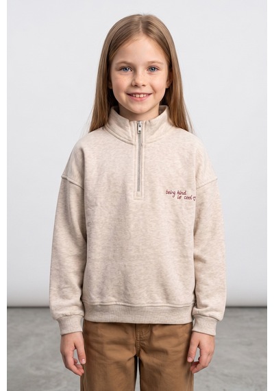 Fullamoda 3 İplik Yarım Fermuarlı Dik Yaka Kız Çocuk Sweatshirt Bej