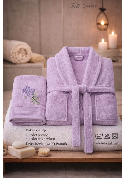 Tek Kişilik Banyo Havlulu Bornoz Seti Pamuklu Bukle Şalyaka Nuvia Lila