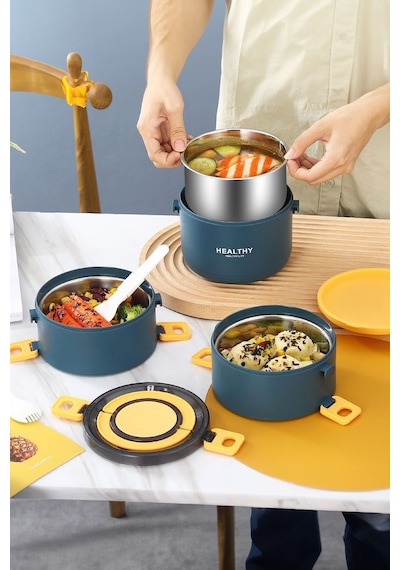 304 Çelik Üç Kat Yemek Mama Saklama Kabı Sefertası cin564mv 2200 ML Mavi
