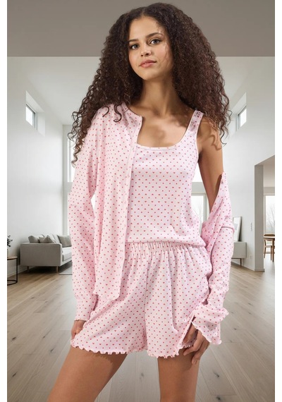 Ersefa Rahat Kalpli Desenli 3lü Pijama Takımı Yumuşak Örme Kumaş Şık Gör Pembe