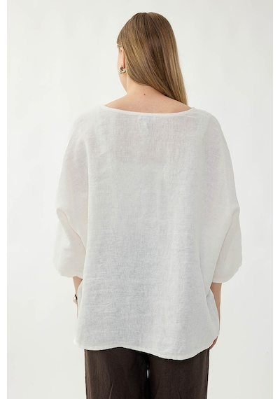 Vitrin %100 Keten Geniş Yaka Oversize Kısa Kol Bluz Krem