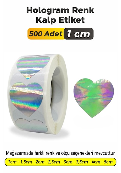 Hologram Renk Kalp Kesim Etiket 1cm 500 Adet Çok Renkli