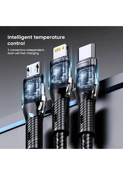 Turcoshop11 3 İn 1 Usb-a Hızlı Şarj Kablosu 66w Type-c Lightning Micro 1.2m