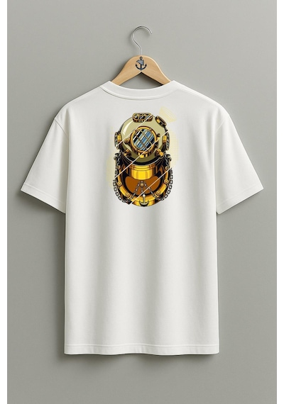 Oversize Gold Dalış Başlığı Cep Ve Sırt Tasarımlı Unisex T-shirt Beyaz