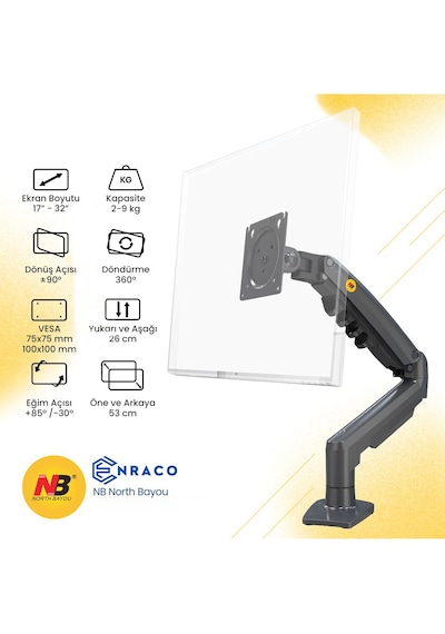 Enraco North Bayou Nb F80 17"-32" Amortisörlü 2-9 Kg Monitör Standı Yeni Tasarım 2026 Versiyon Gray Edition