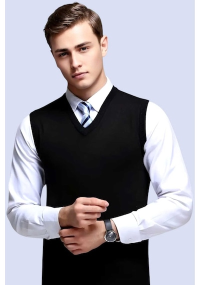 Tezzgelsin Erkek V Yaka Triko Tüylenmez Süveter Erkek Slim Fit Süveter Siyah