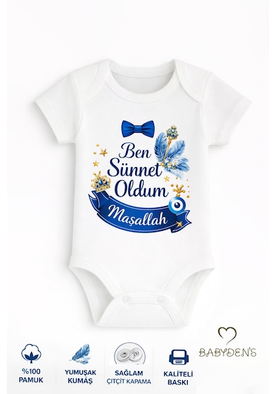 Babyden's Sünnet Kıyafeti Erkek Bebek Body Ben Sünnet Oldum Maşallah Baskılı Zıbın Kısa Kol Body Beyaz