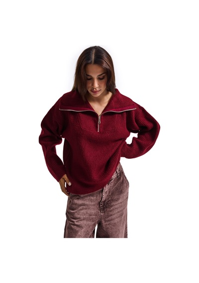 Kadın Bordo W6-35 Oversize Fermuarlı Triko Kazak