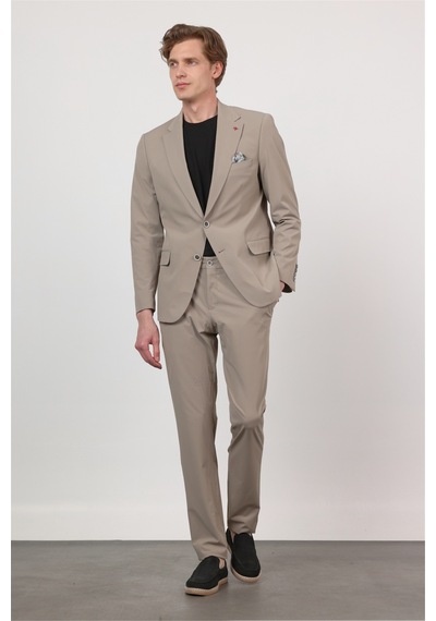 İmza Koyu Bej Kendinden Desenli Mono Yaka 6 Drop Slim Fit Takım Elbise 1001260162
