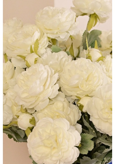 Beyaz Yapay Ranunculus Şakayık Çiçeği 3 Dallı Lüx İpeksi Dokulu 50 Cm