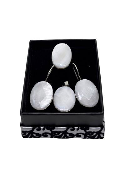 Oya Silver İri Oval Sedef Işıltılı Gümüş Set&takım